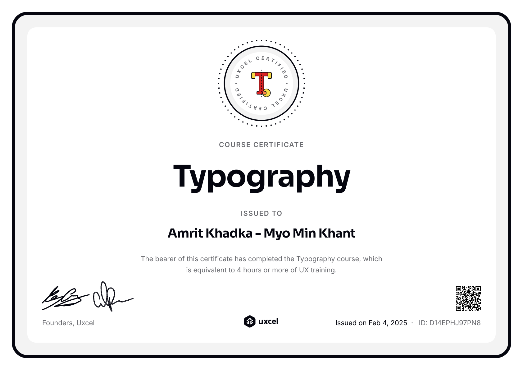 Myo Min Khant's certificate